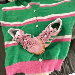 Adidas Pink Sneakers with Green Striped Cardigan